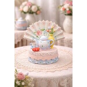 Vintage Tea Party Music Box Pastel Blues Pinks Yellow Asian Fan Shabby Chic Deco